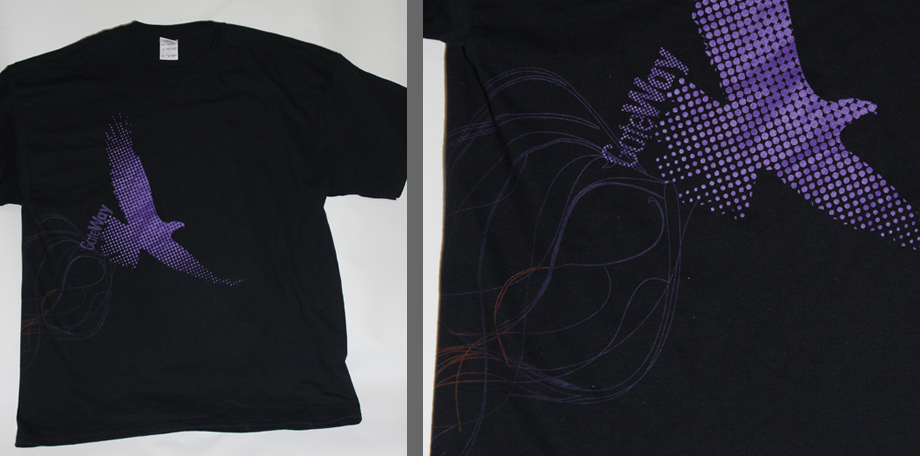 Wrap around screen print on black shirt printed at spectrum apparel printing